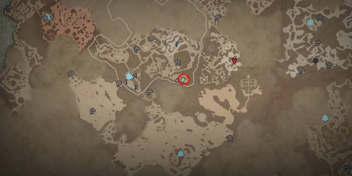 Diablo 4 Zarozar, o poderoso local de elite rara marcado em círculo vermelho no mapa