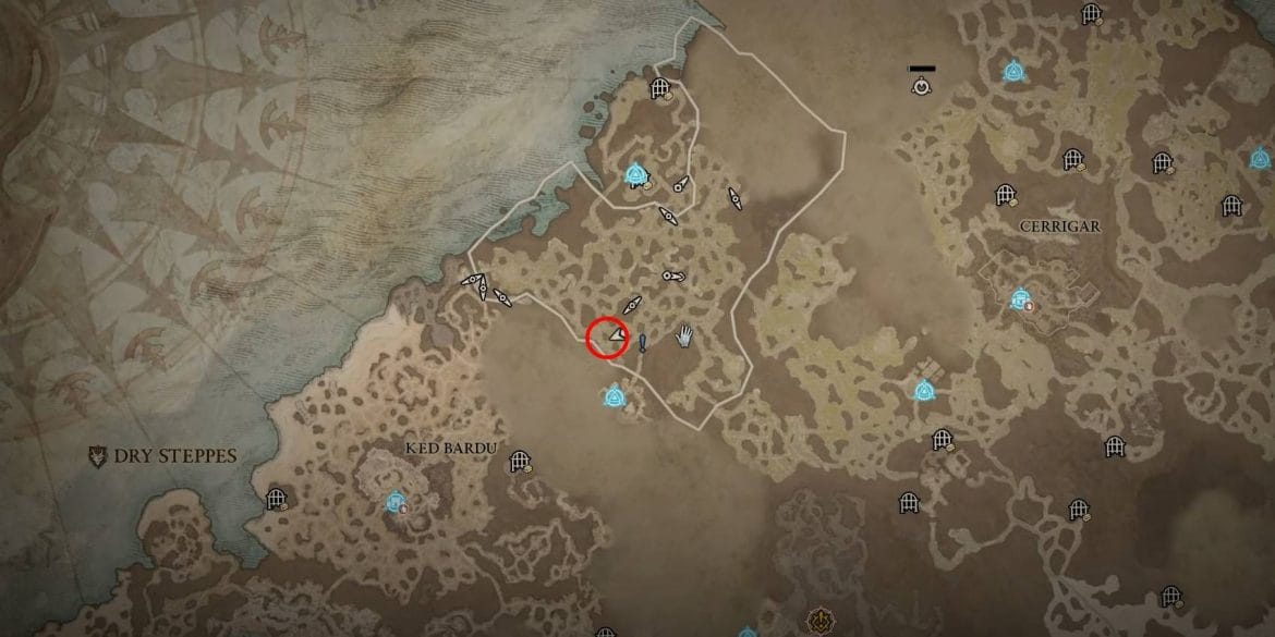 Diablo 4 Lord Eonan Rare Elite Enemy Local marcado no círculo vermelho no mapa