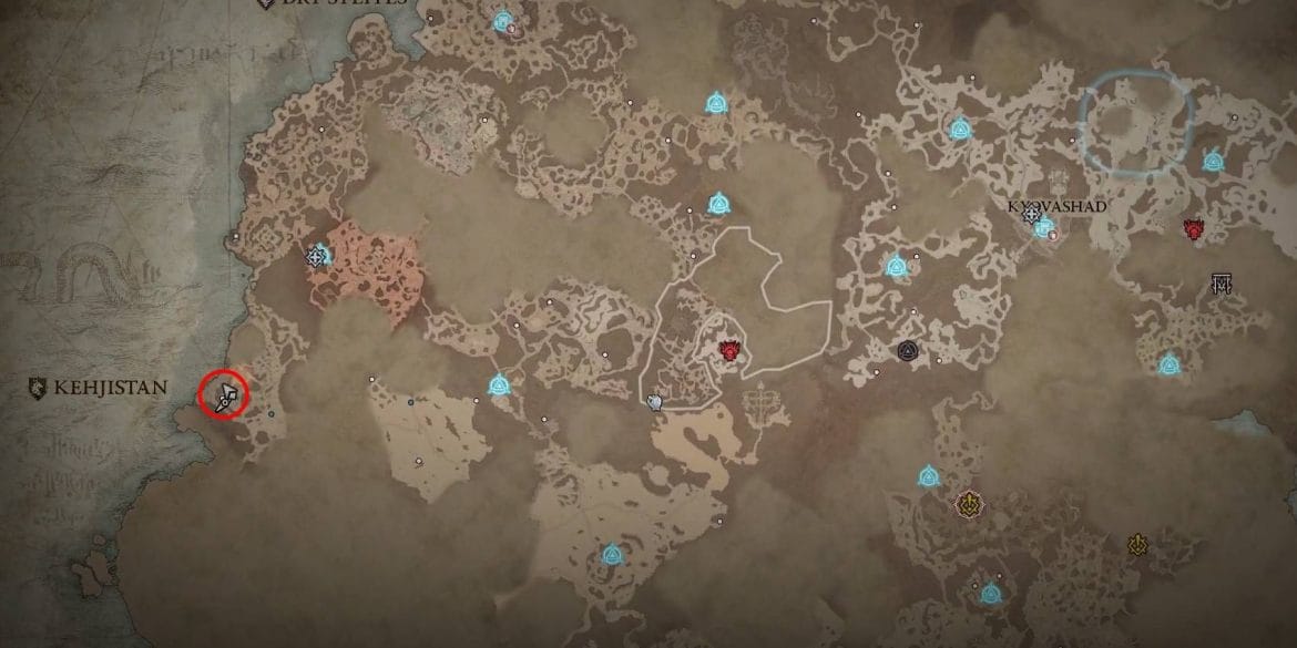 Localização de elite rara de Diablo 4 Abe-Mari marcada em círculo vermelho no mapa