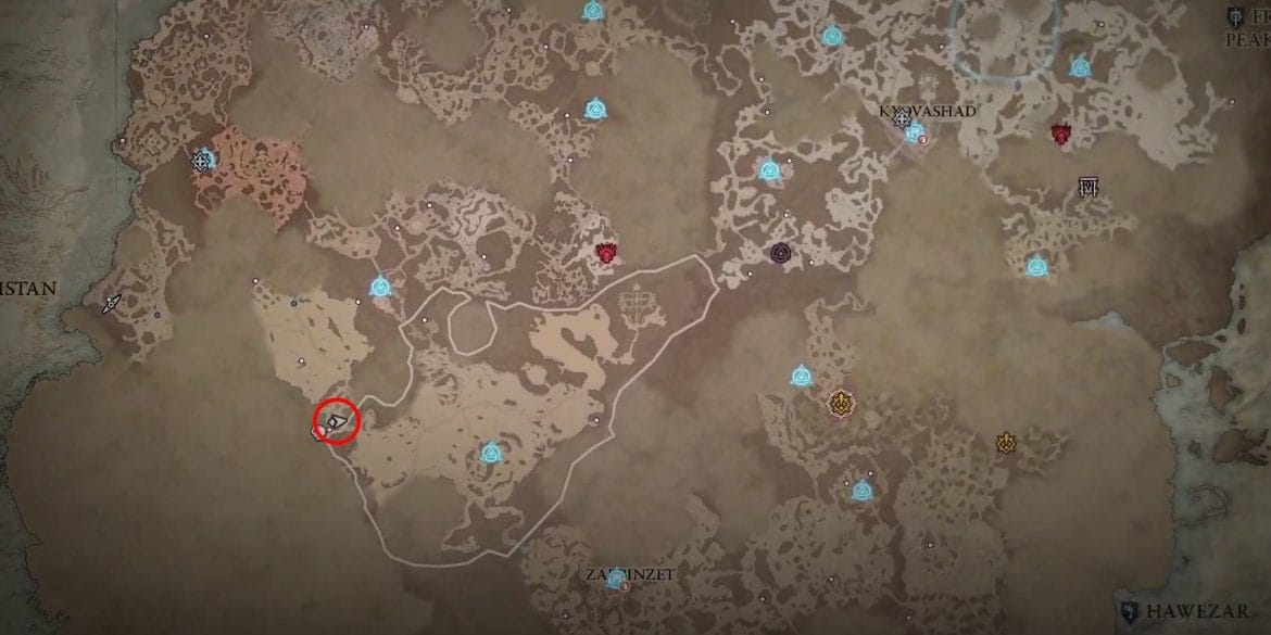 Local do inimigo de elite raro de Diablo 4 Faraya Tehi marcado no círculo vermelho no mapa