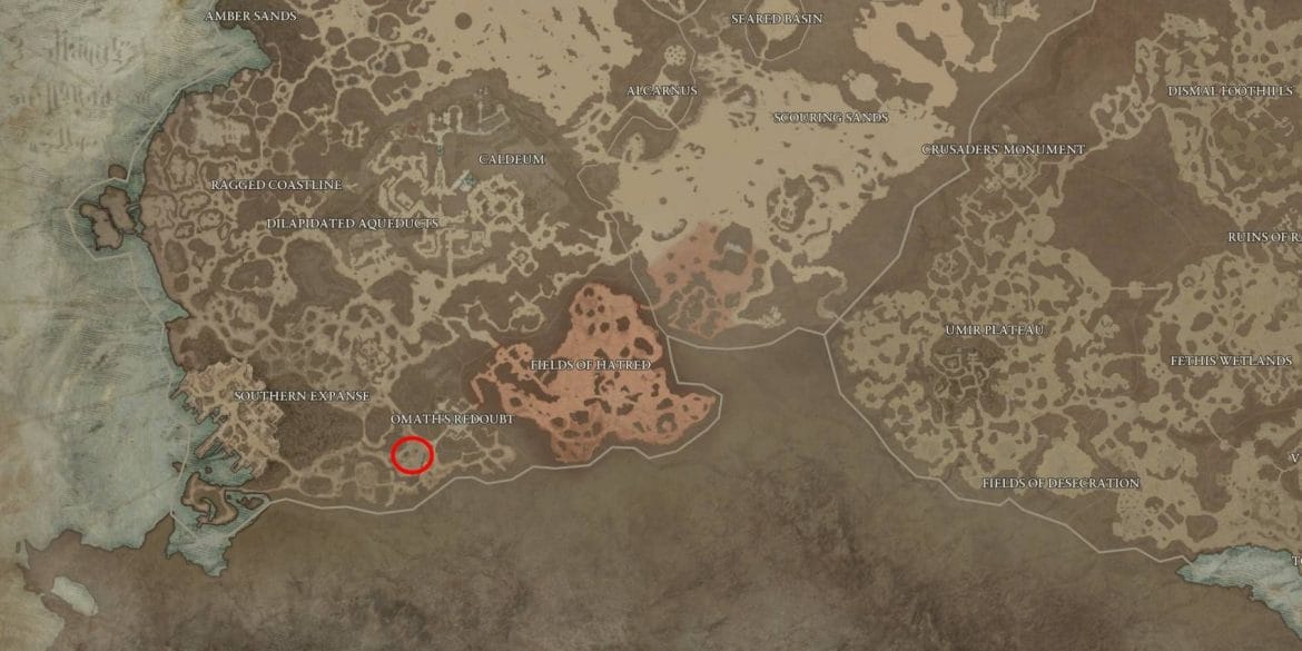 Localização do inimigo de elite raro de Diablo 4 Qiniel marcada em círculo vermelho no mapa