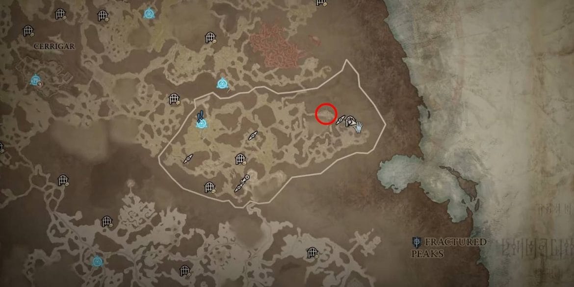 Localização do inimigo de elite raro de Diablo 4 Gaspar Stillbian marcada no mapa no círculo vermelho