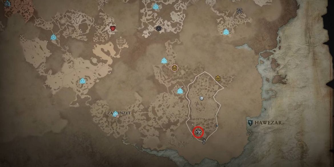 Diablo 4 Capitão Willcocks Localização rara do inimigo de elite marcada em círculo vermelho no mapa