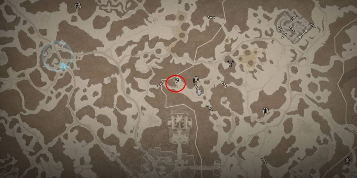 Diablo 4 Sir Lynna Localização rara do inimigo de elite marcada em círculo vermelho no mapa
