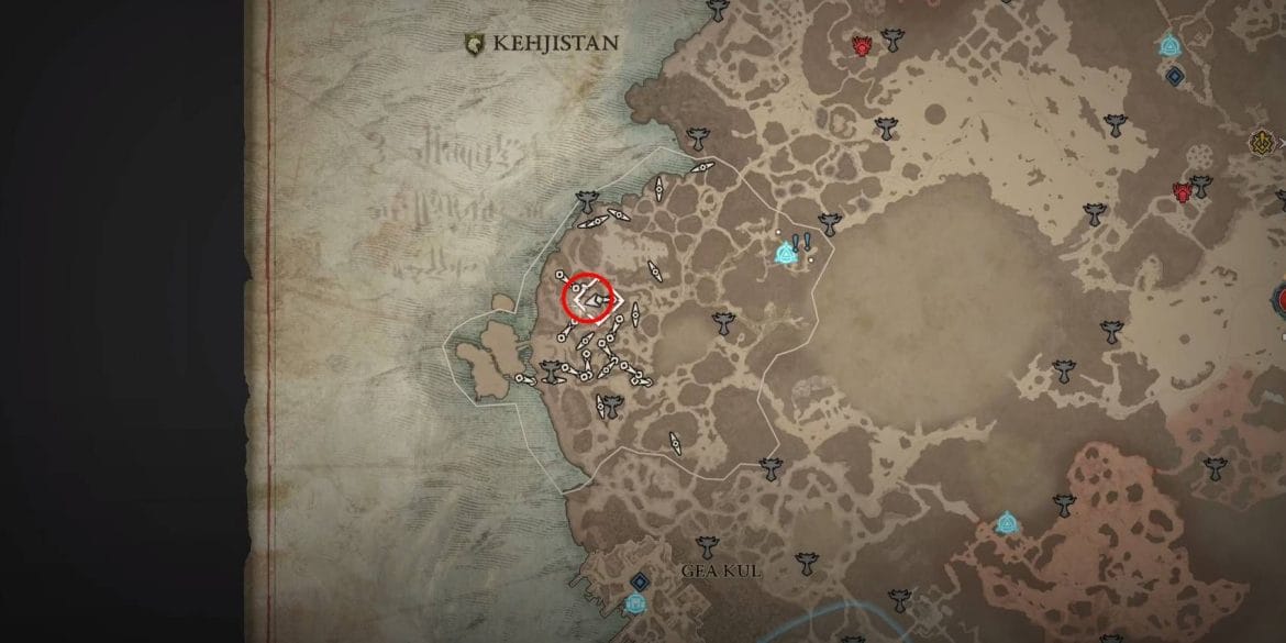 Local de elite raro de nove olhos de Diablo 4 marcado em círculo vermelho no mapa