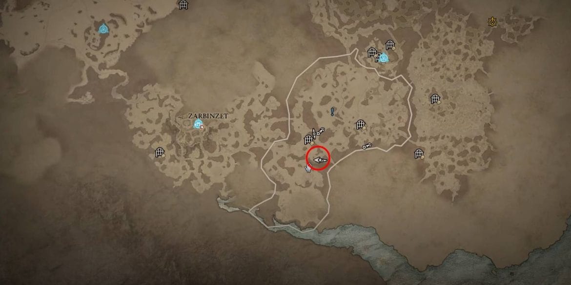 Diablo 4 Trembling Mass Rare Elite Enemy Localização no mapa marcada em círculo vermelho