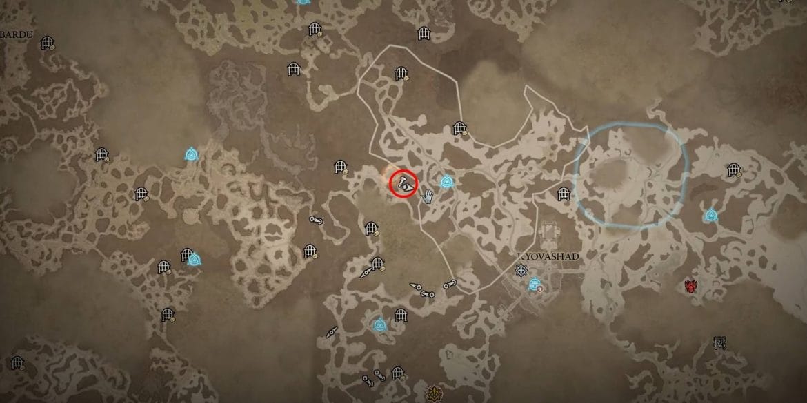 Local do inimigo de elite raro de Diablo 4 Rotsplinter marcado no círculo vermelho no mapa