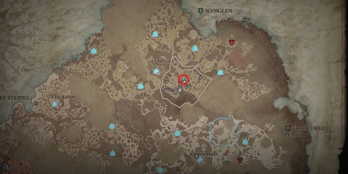 Local de spawn de elite raro de Diablo 4 Garbhan Ennai marcado em círculo vermelho no mapa