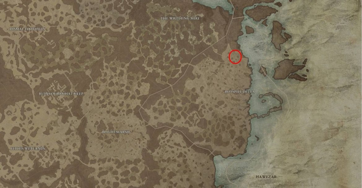 Localização do inimigo de elite raro de Diablo 4 Enkil no mapa marcada em círculo vermelho