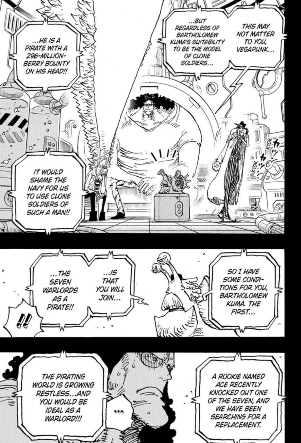 Painéis de mangá de One Piece O capítulo 1100 mostra Kuma, Vegapunk e Almirante Kizaru conversando com um caracol transponder sobre o que Kuma precisará fazer para salvar Bonney.