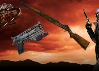 Obsidian Bethesda RPG Fallout New Vegas Guns Pano de fundo do cartão de título