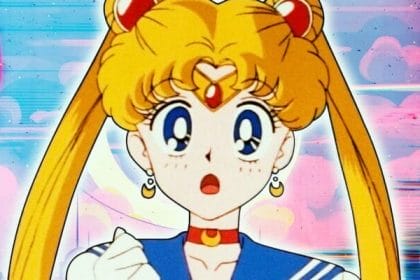 Close de Sailor Moon no anime original dos anos 90 com expressão de surpresa