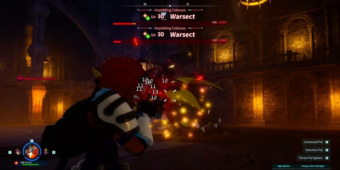jogador atirando em Warsect com uma espingarda em Palworld
