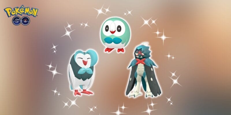 Shiny Rowlet, Shiny Dartrix e Shiny Decidueye em Pokémon GO