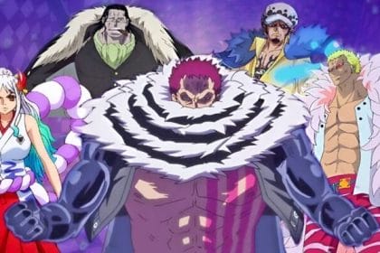 Uma compilação de One Piece personagens com Charlotte Katakuri na frente com Yamato, Donquixote Doflamingo, Crocodile e Trafalgar Law atrás dele.