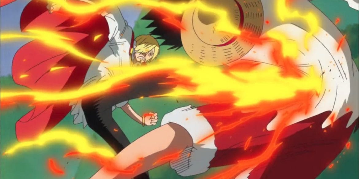 Sanji dá um chute em Luffy.