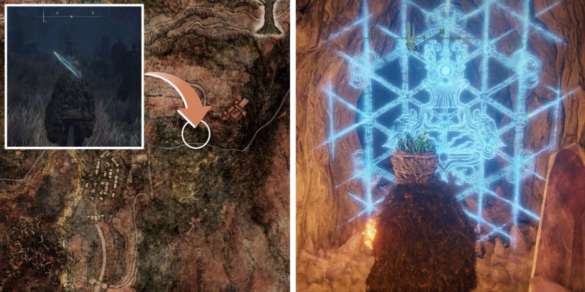 Localização do Mestre Lusat em Elden RingO mapa é destacado com um círculo próximo a uma imagem do jogador em frente a um selo mágico.