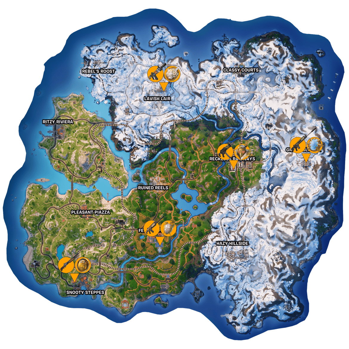 Fortnite Capítulo 5 Temporada 1 visão geral do mapa de todas as armas míticas e locais de medalhões - atualizado 